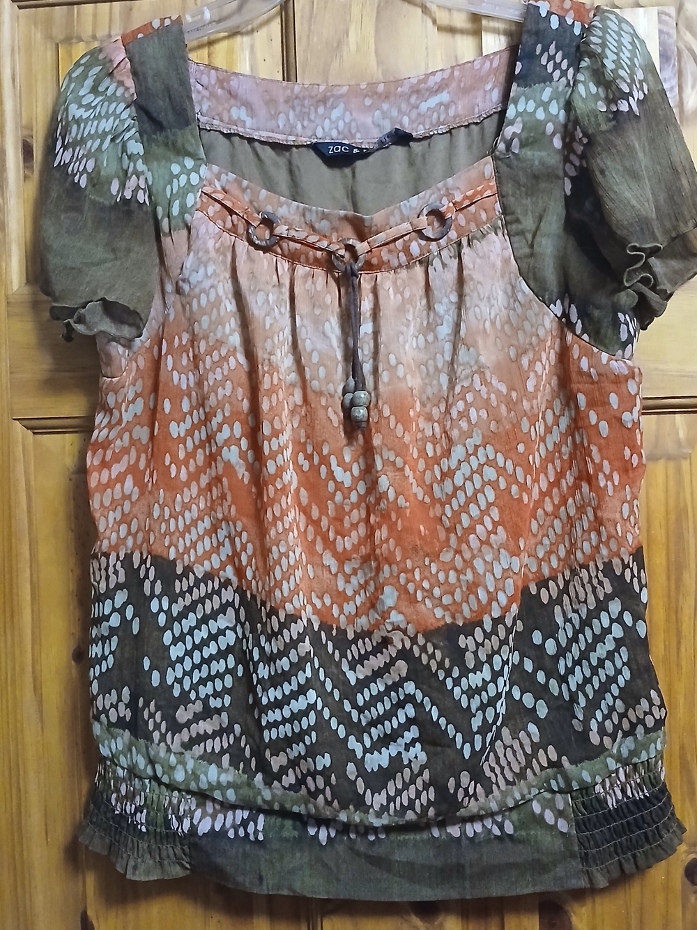 Zac & Rachel Orange and Brown Patterned Puff-Sleeve Blouse